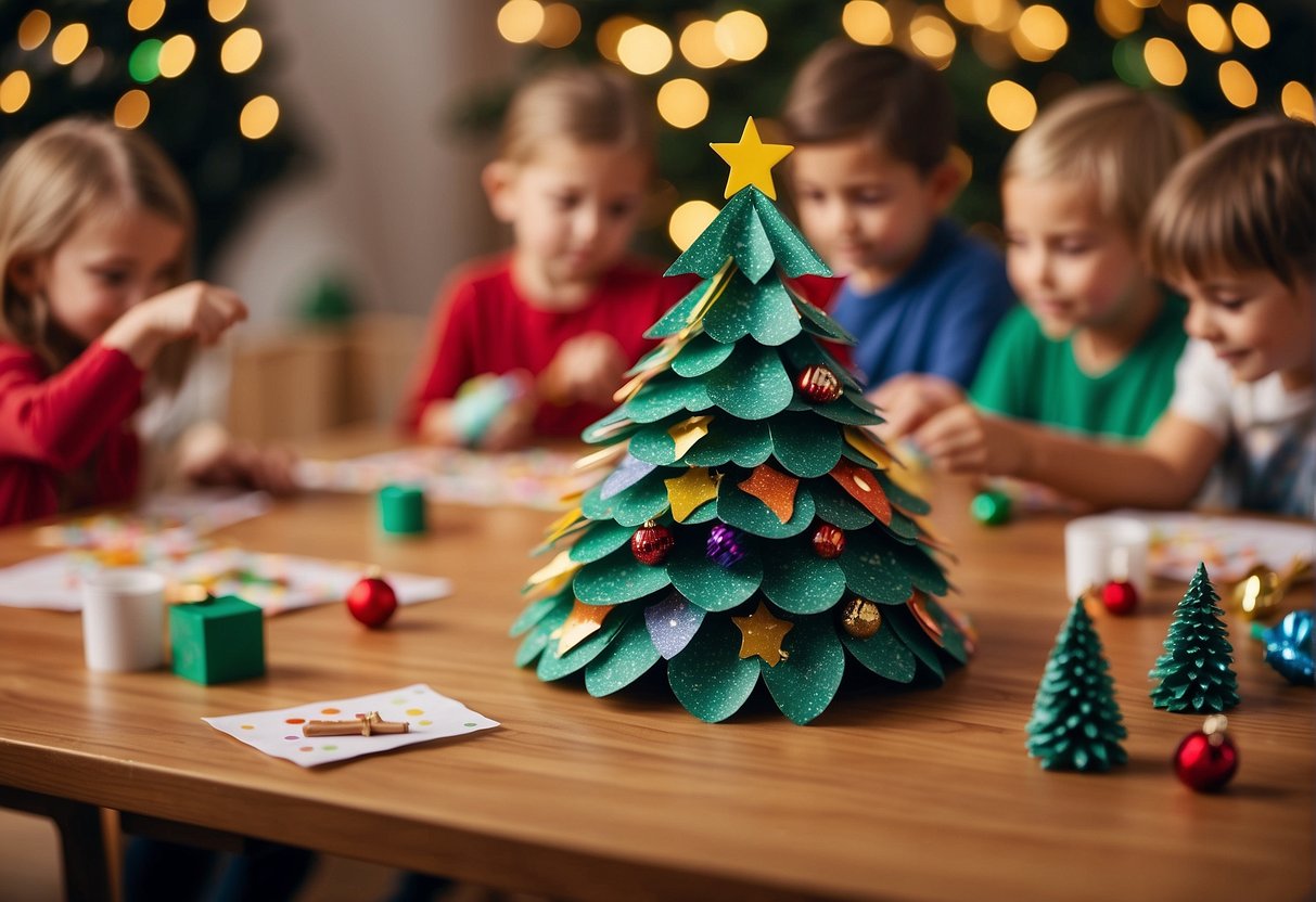Children creating Christmas crafts with paper, glue, and glitter. Tables covered in colorful construction paper and scattered craft supplies. Christmas tree and decorations in the background