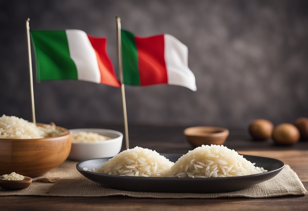 A table set with various types of rice, Italian flag in the background, and a cookbook open to a page on risotto recipes