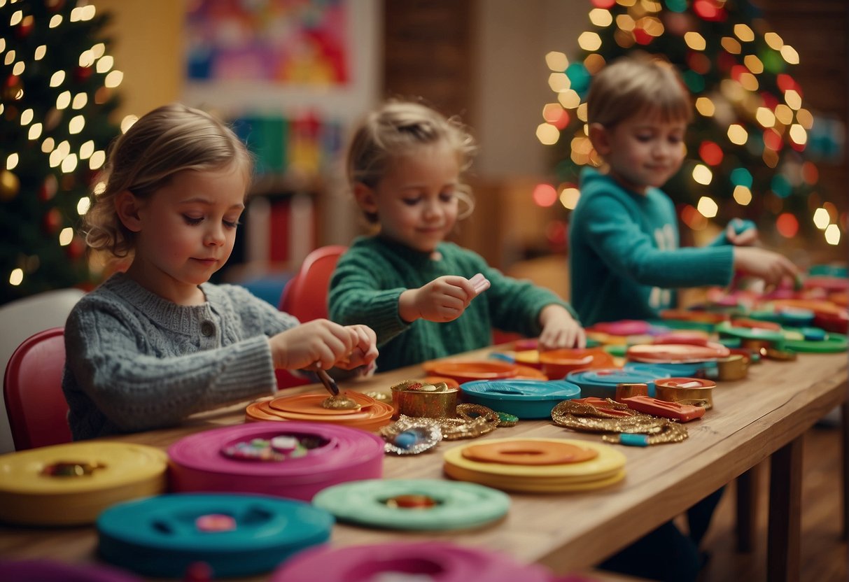 Preschoolers crafting Christmas ornaments with colorful paper, glue, and glitter. Tables covered in art supplies, festive music playing in the background