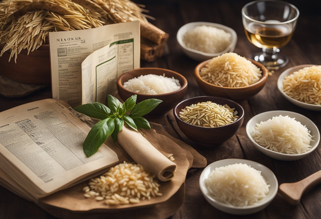 A spread of various types of Italian rice with accompanying recipe books and a map of Italy
