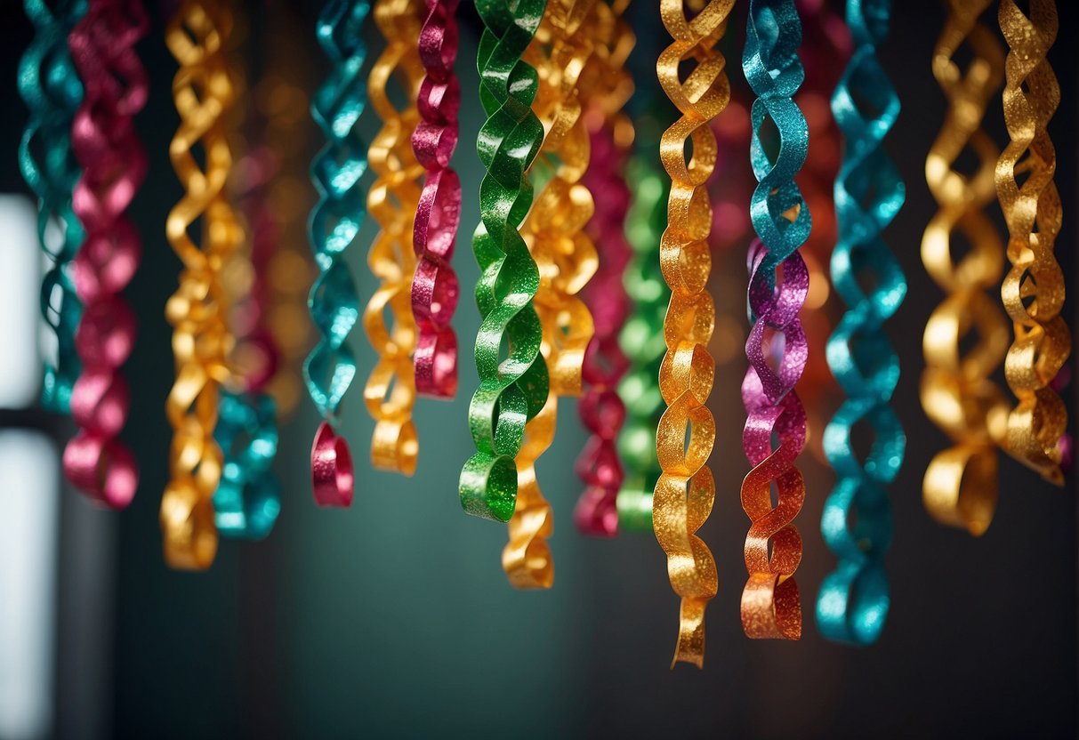 Colorful paper chains hang from the ceiling. Glittery ornaments adorn a small tree. Children's handmade ornaments dangle from a string
