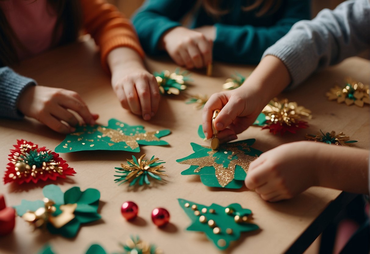 Preschoolers making Christmas crafts with colorful paper, glue, and glitter. Tables covered in festive decorations, scissors, and markers