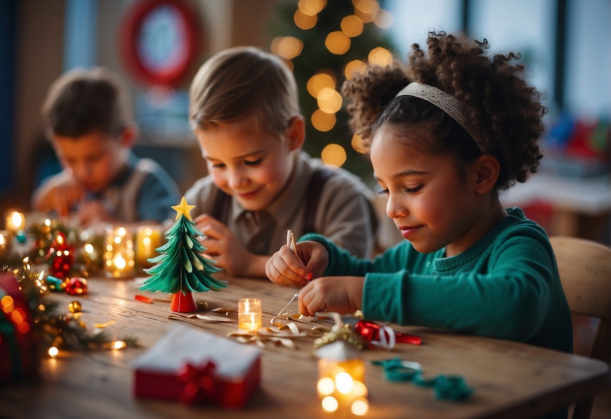 Children creating themed Christmas crafts with colorful paper, glue, and glitter in a festive classroom setting
