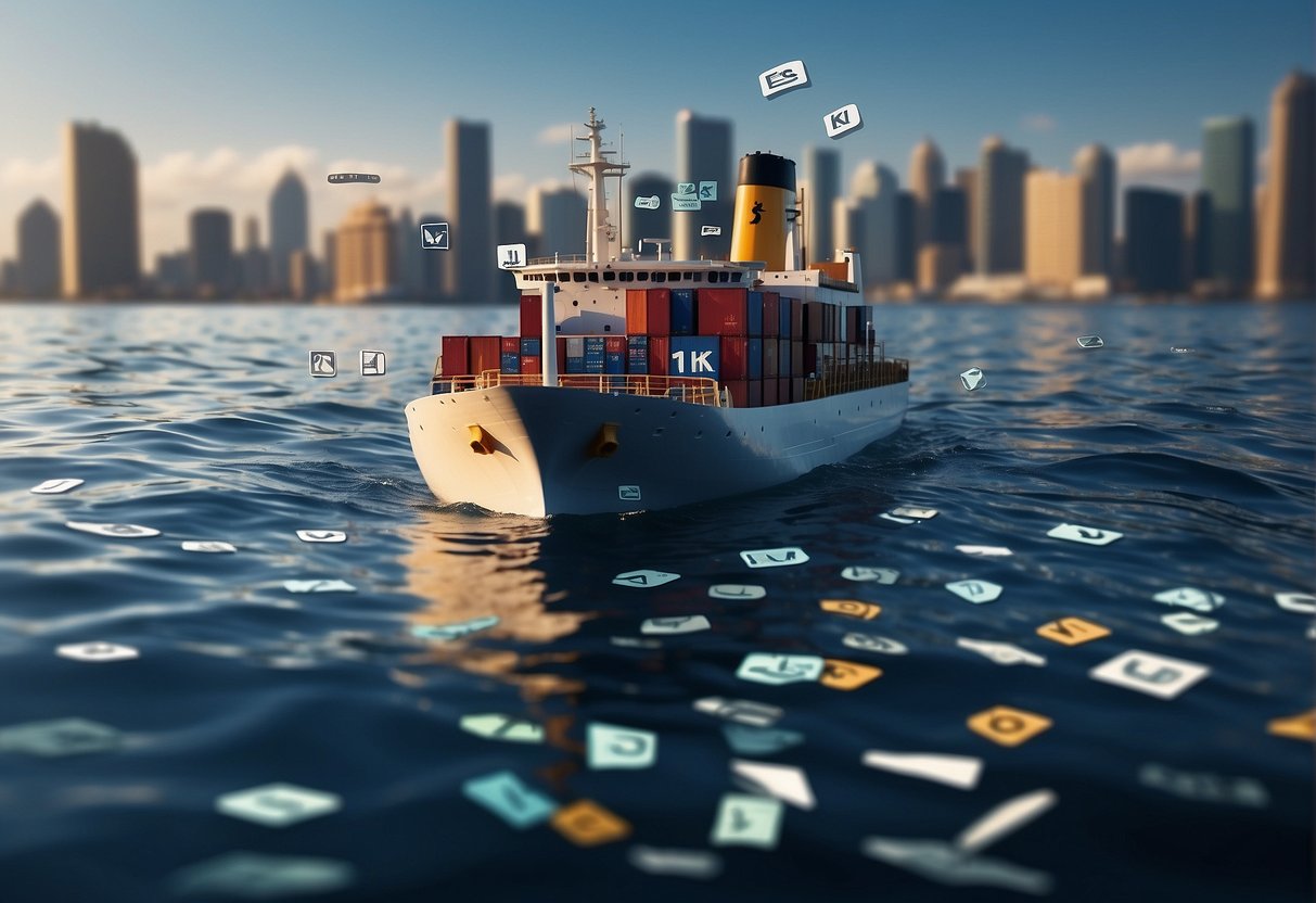 A maze of regulatory symbols surrounds a ship navigating through choppy waters, representing the complexities of post-trade risk assessment