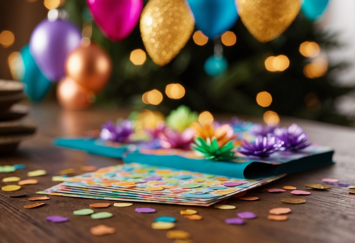 A table filled with colorful paper, glue, and glitter. A child's handprint ornament dries on a string. A stack of handmade cards sits nearby