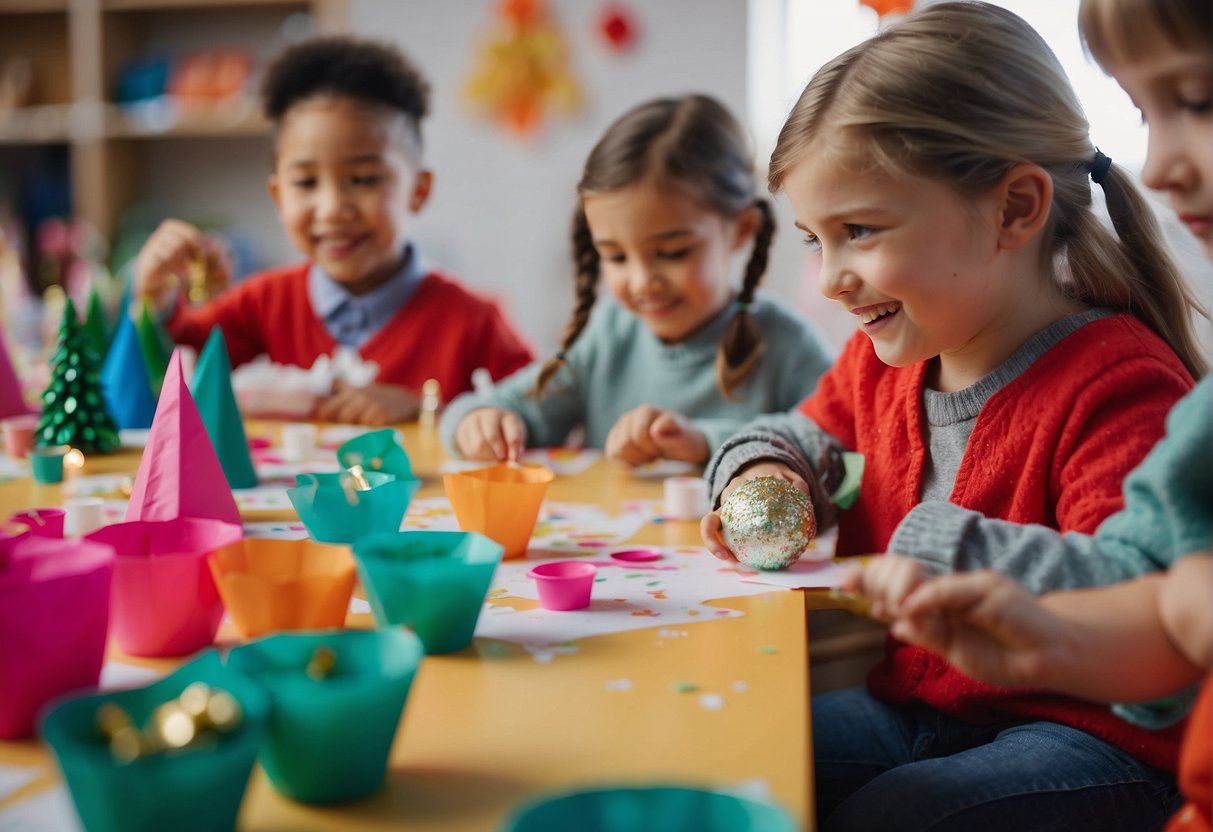 Children creating Christmas crafts with colorful paper, glue, and glitter at a festive preschool session