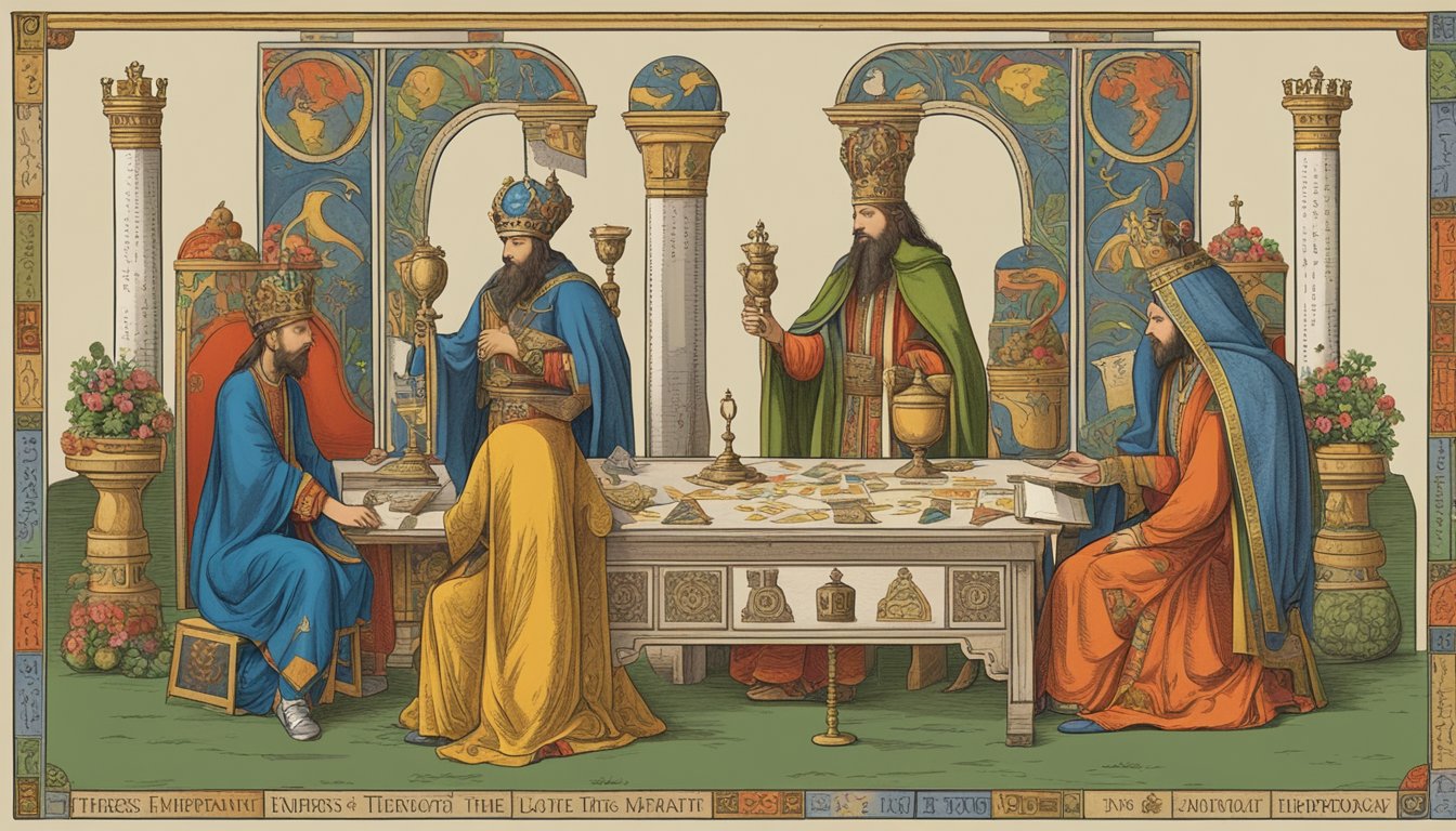 A table with three tarot cards: The Empress, The Hierophant, and The Lovers, surrounded by numerology charts and symbols