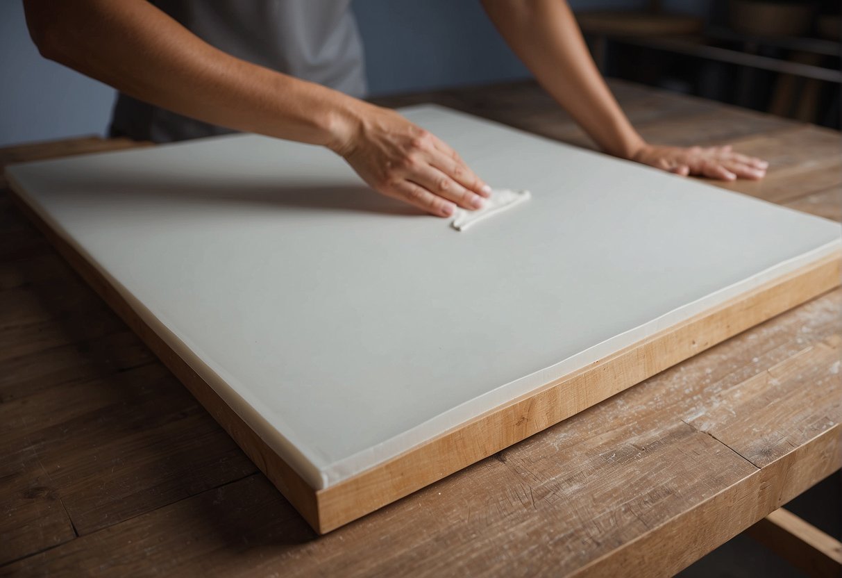 A canvas is stretched over a wooden frame, then primed with gesso. The surface is smooth and ready for oil paint