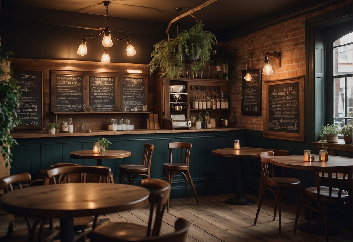 A cozy cafe with chalkboard menus, antique furniture, and old-fashioned decor. Vintage unisex names like Charlie, Max, and Riley written on a sign