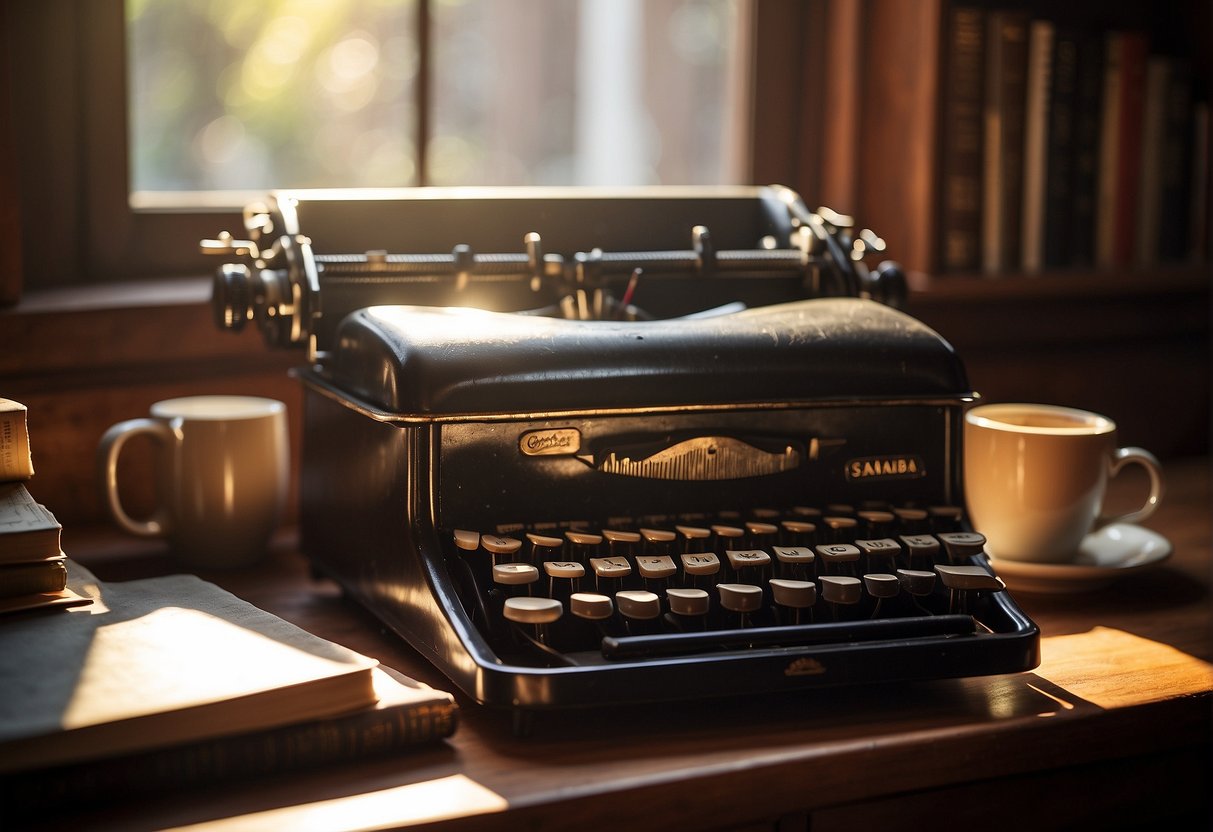 A vintage typewriter sits on a wooden desk, surrounded by old-fashioned books and a cup of steaming coffee. The morning sun streams through the window, casting a warm glow on the scene