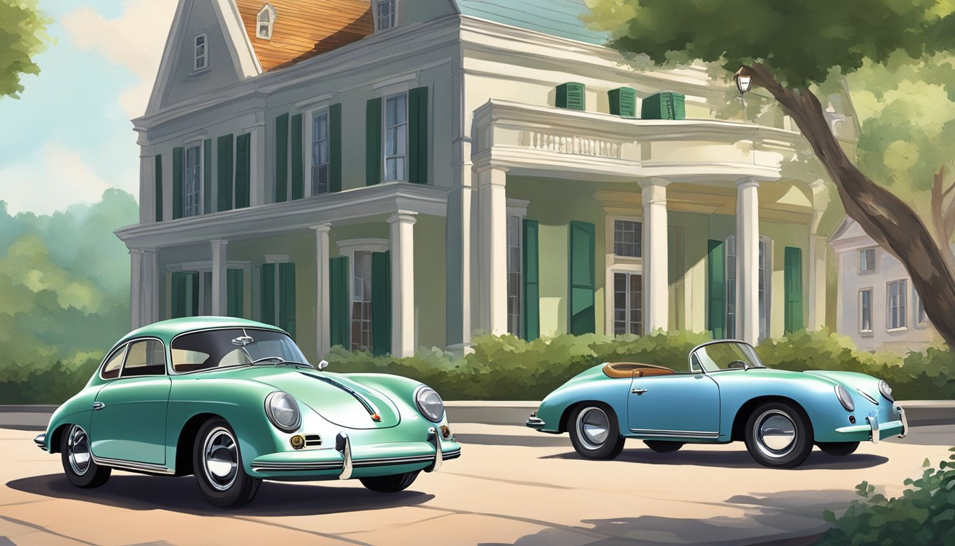 A Porsche 356 parked in front of a historic building, with a vintage gas pump nearby and lush greenery in the background
