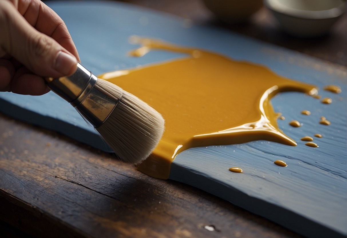 A hand holding a brush applies a layer of sealant to a blank canvas, preparing it for an oil painting
