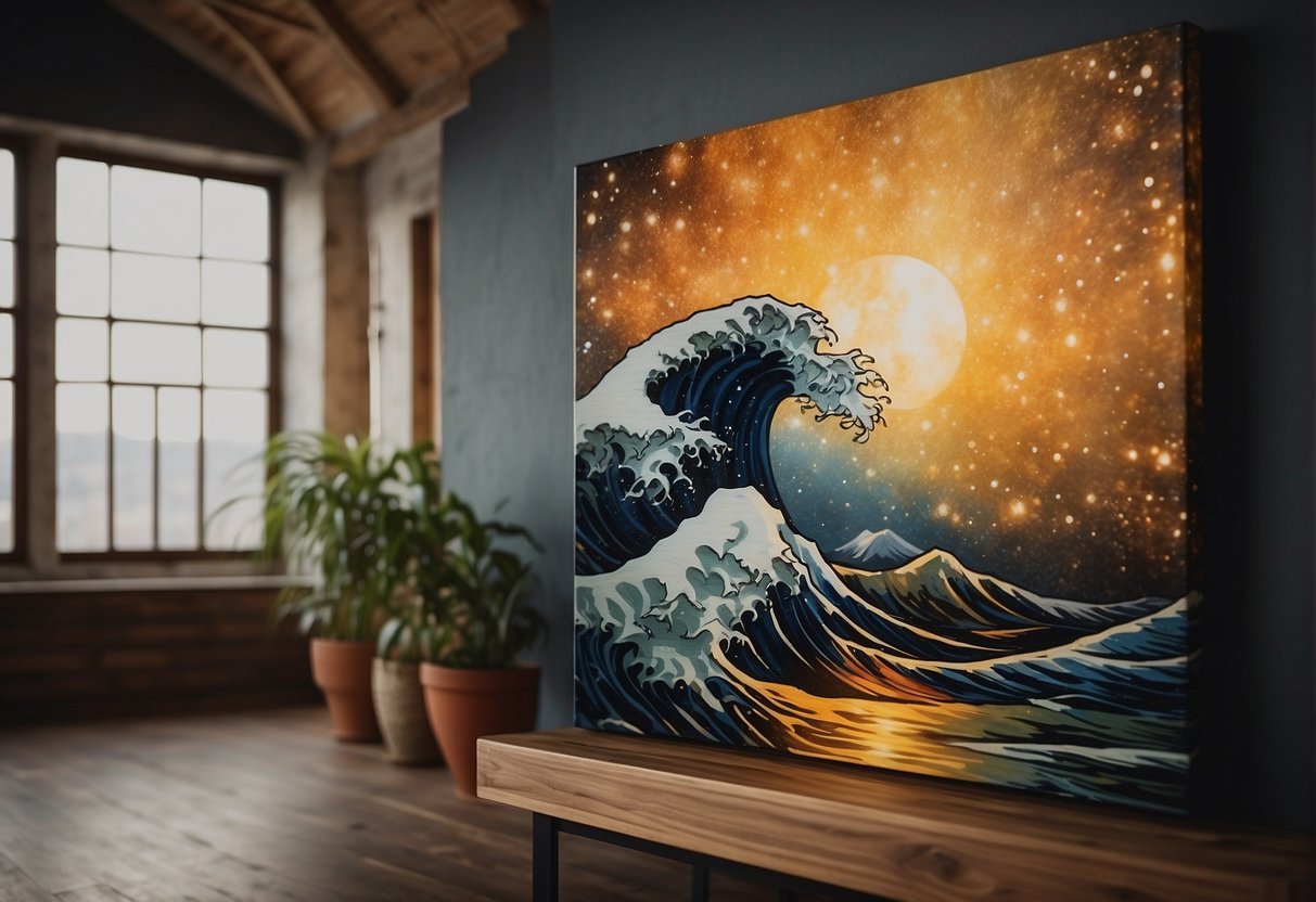 A canvas is stretched on a wooden frame, then coated with a thin layer of colored paint to create a base for the oil painting