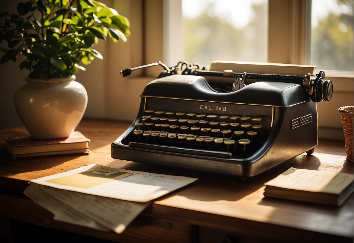 A vintage typewriter sits on a wooden desk, surrounded by old-fashioned baby name books and vintage postcards. The sunlight streams through a nearby window, casting a warm glow on the scene