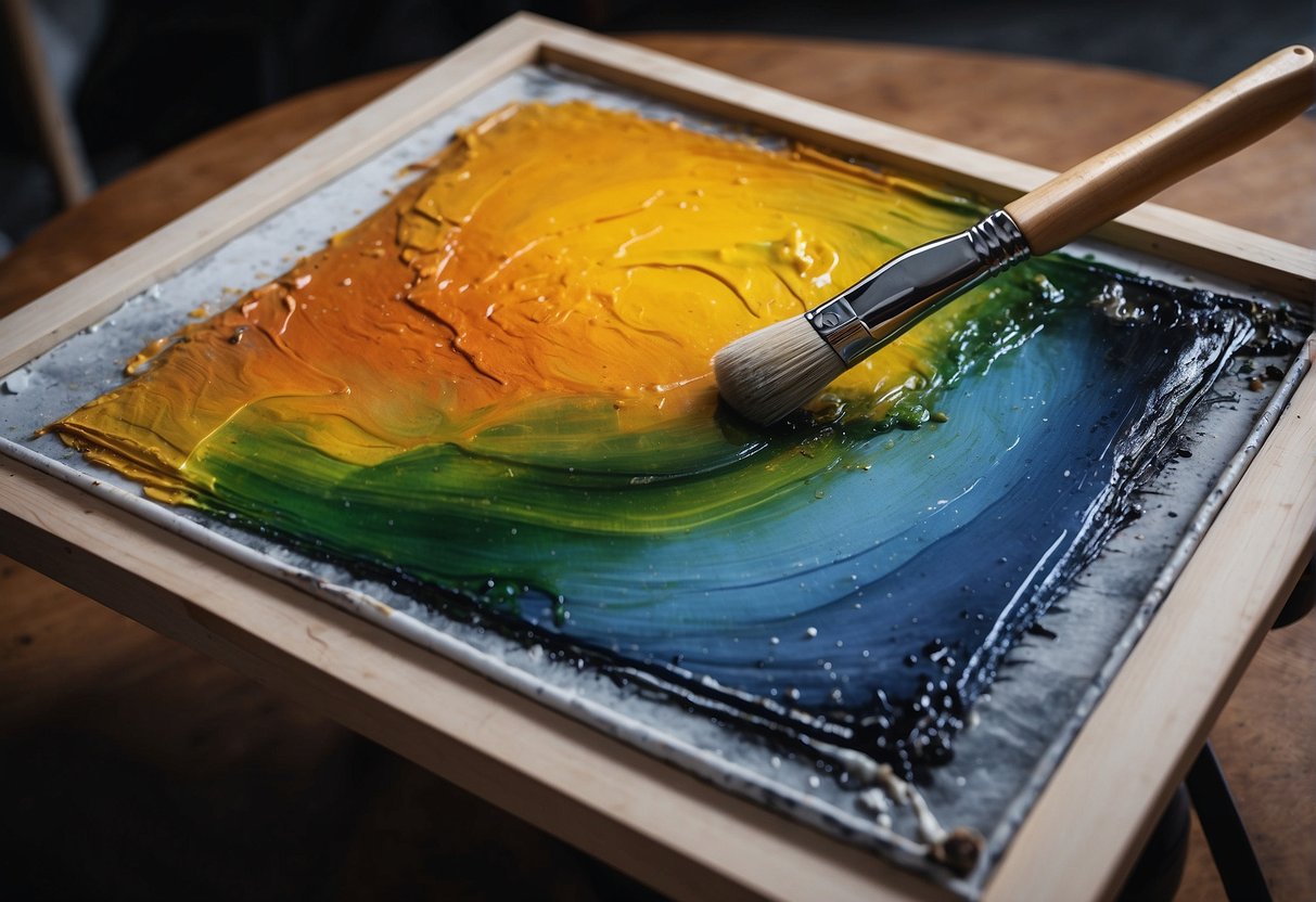 Canvas stretched on a wooden frame, primed with gesso. Brushes, palette, and oil paints laid out on a clean, well-lit work surface