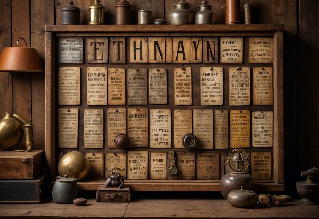 A collection of vintage unisex names displayed on a weathered wooden sign, surrounded by antique trinkets and old-fashioned objects