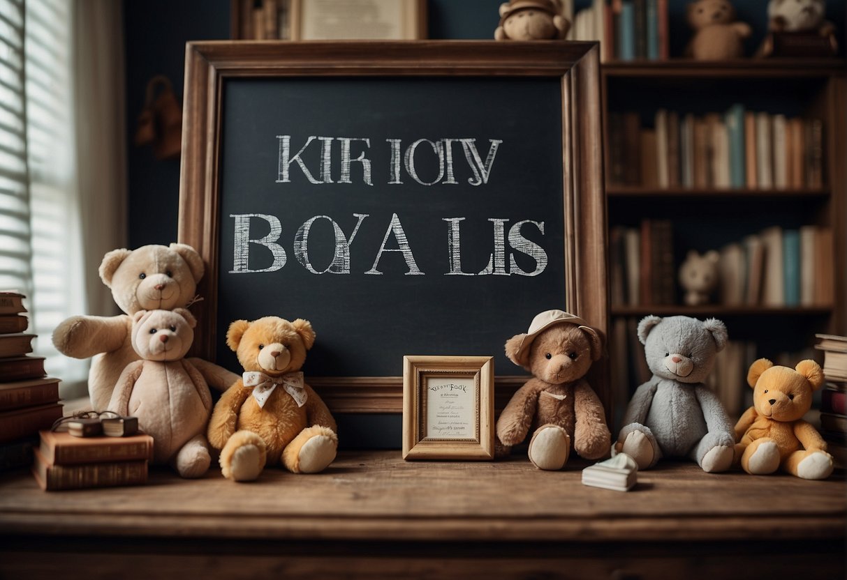 A vintage-themed nursery with old-fashioned baby names displayed on a chalkboard, surrounded by antique toys and books