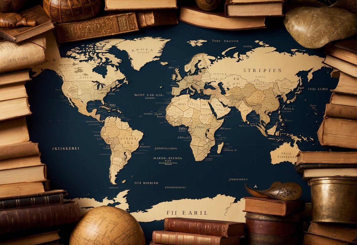A collection of vintage unisex names from around the world displayed on a map or globe, surrounded by antique books and a quill pen