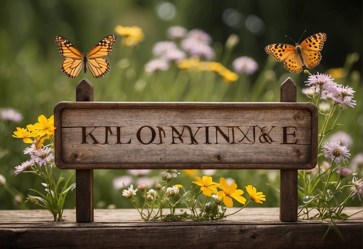 Vintage unisex names displayed on a weathered wooden sign, surrounded by delicate wildflowers and butterflies