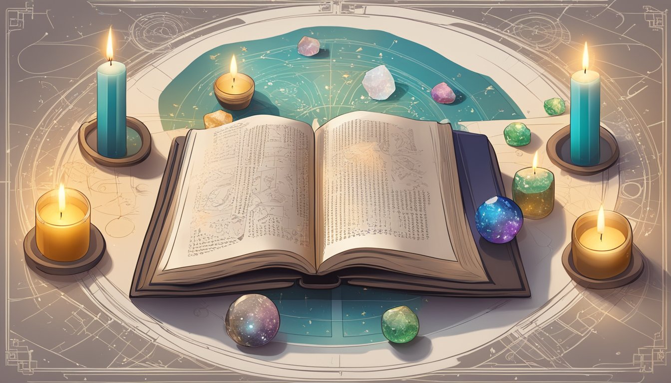 A table with a mystical book open to page 393, surrounded by candles and crystals, with a numerology chart and symbols in the background