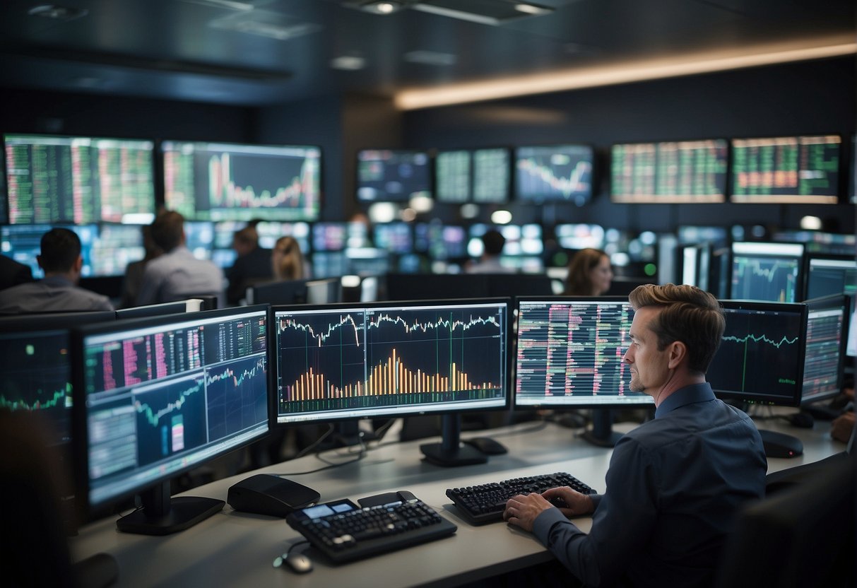 A bustling trading floor with ESG data displayed on screens. Traders and analysts collaborate, utilizing risk management tools for ESG post-trade decisions