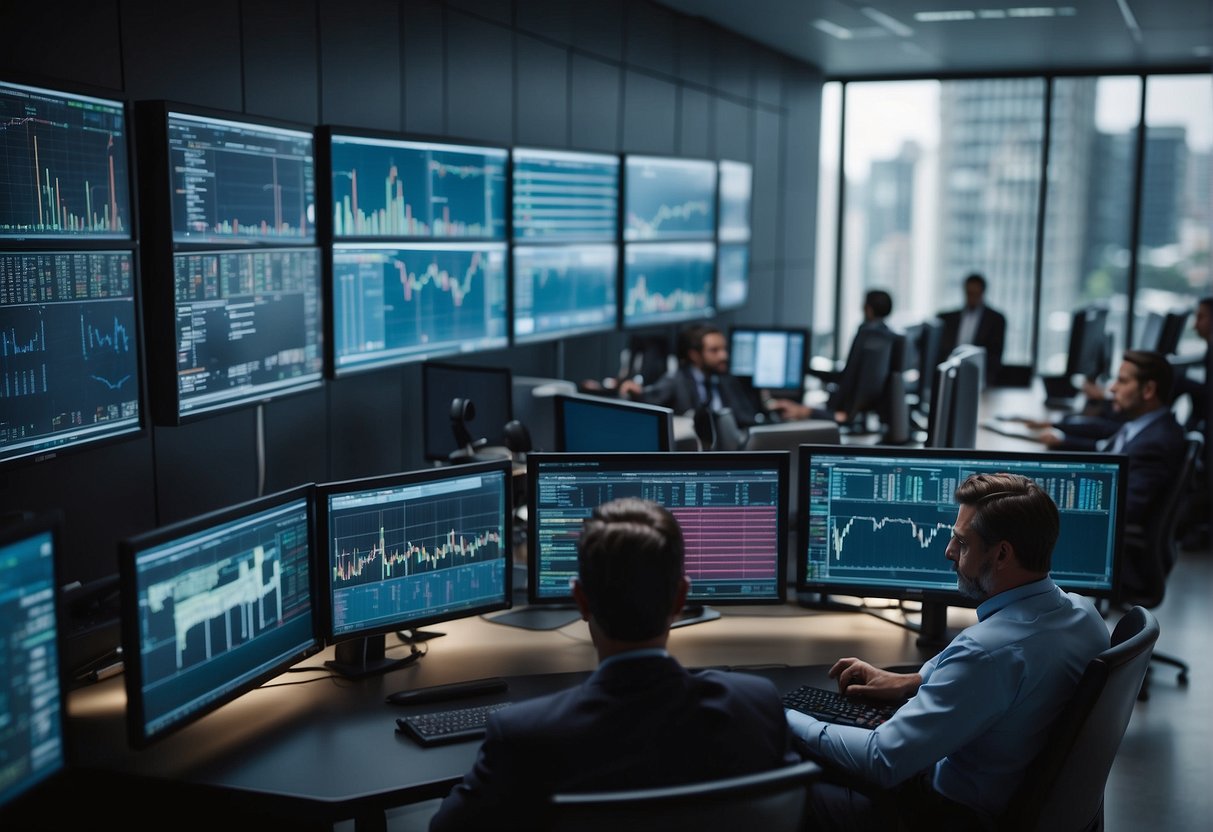 A bustling global market with ESG data displayed on screens, traders analyzing risk management strategies, and post-trade decisions being made