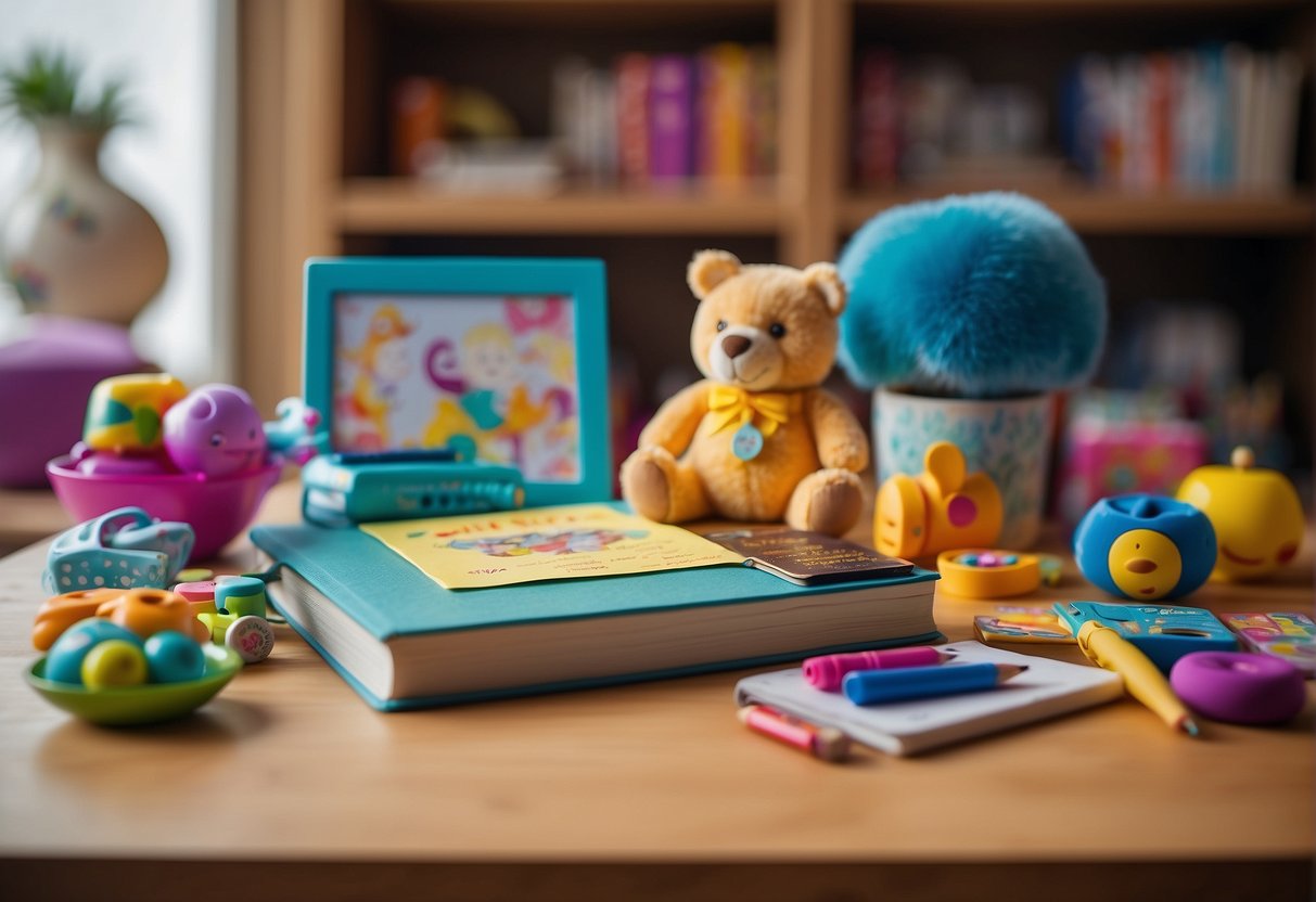 A colorful nursery rhyme book surrounded by art supplies and children's toys on a bright, cluttered table