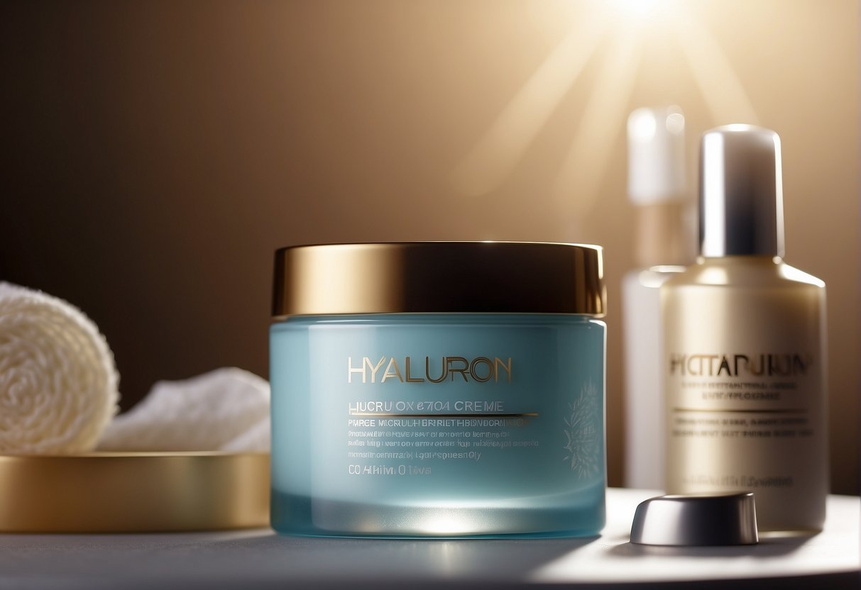 A jar of Hyaluron Creme surrounded by various skincare products and a soft, glowing light highlighting its label