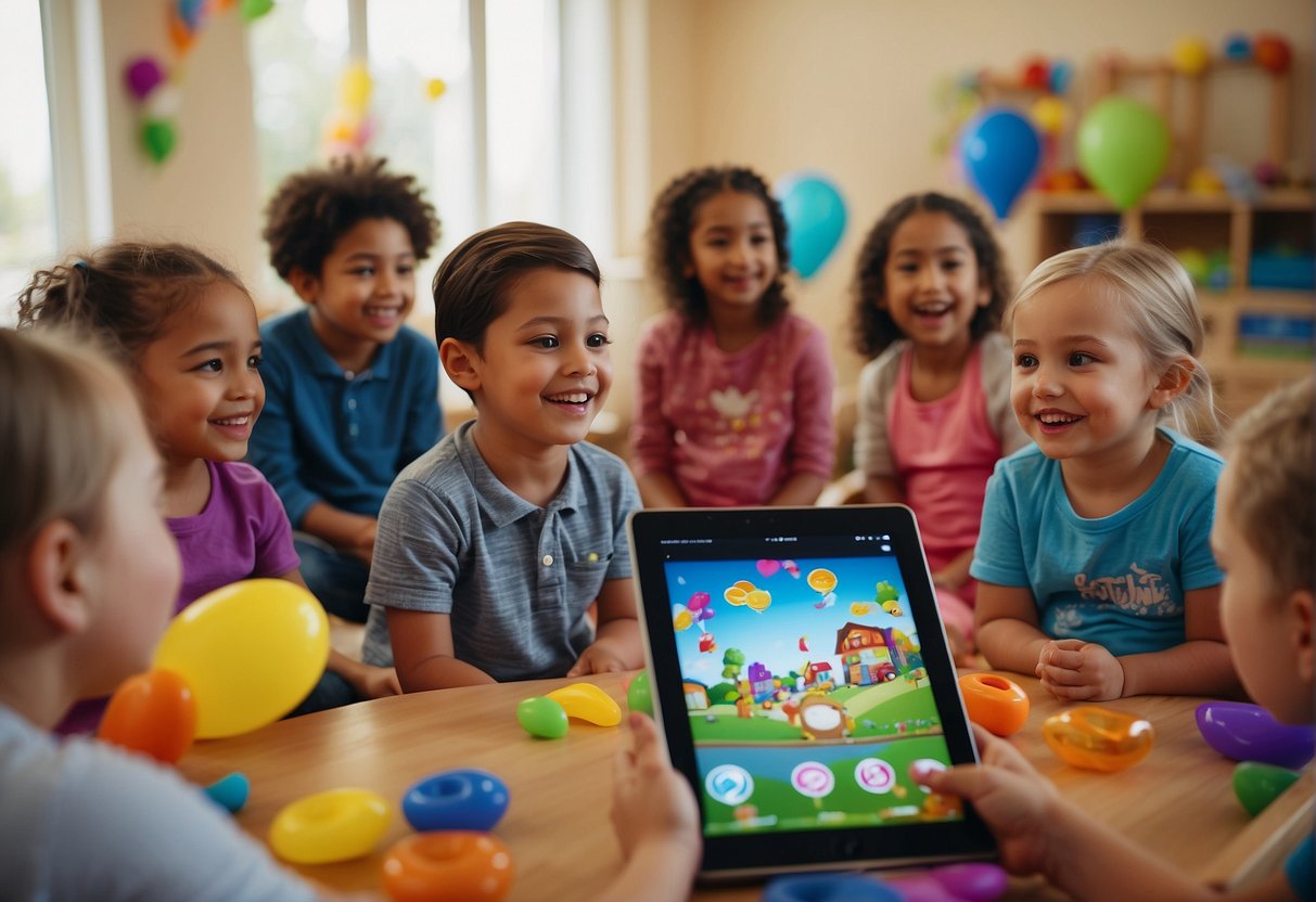 Children engage with interactive nursery rhyme apps on tablets, while a teacher leads a group in a sing-along with colorful props and instruments