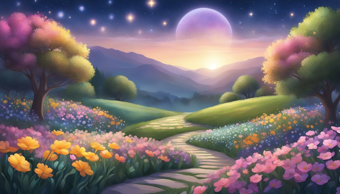 A serene garden with 410 flowers blooming under a starlit sky, surrounded by gentle, glowing orbs of light
