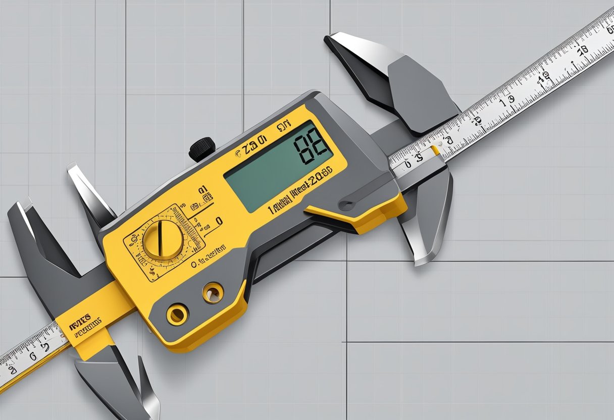 A caliper measures the diameter of an O-ring with precision. A ruler provides the measurement in millimeters