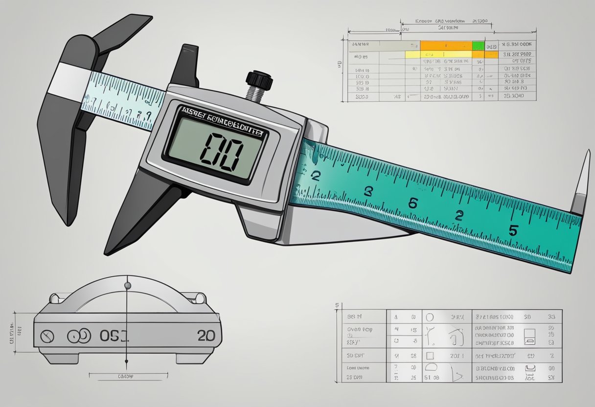 A caliper measures the diameter of an O-ring. A ruler measures the thickness. The measurements are recorded for quality control
