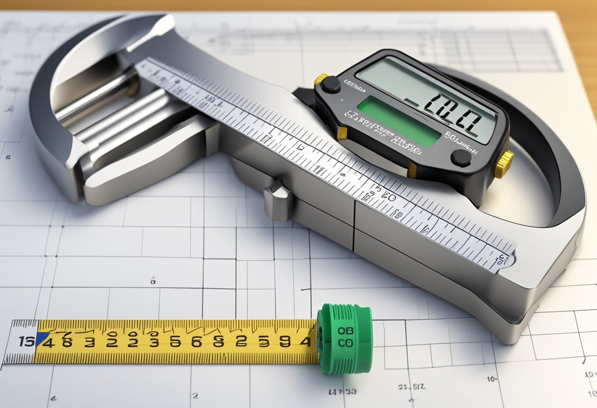 A caliper measuring the diameter of an O-ring, with a ruler for length and a chart of industry standards in the background