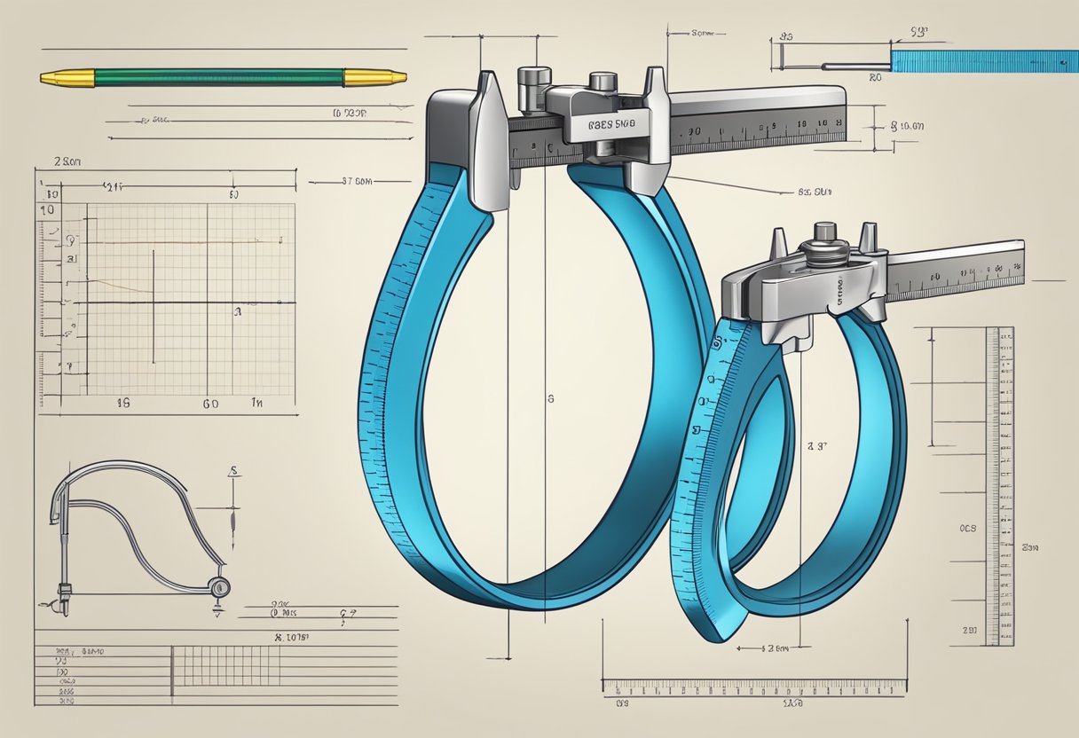 A caliper measuring the diameter of an O-ring, a ruler for thickness, and a chart for reference
