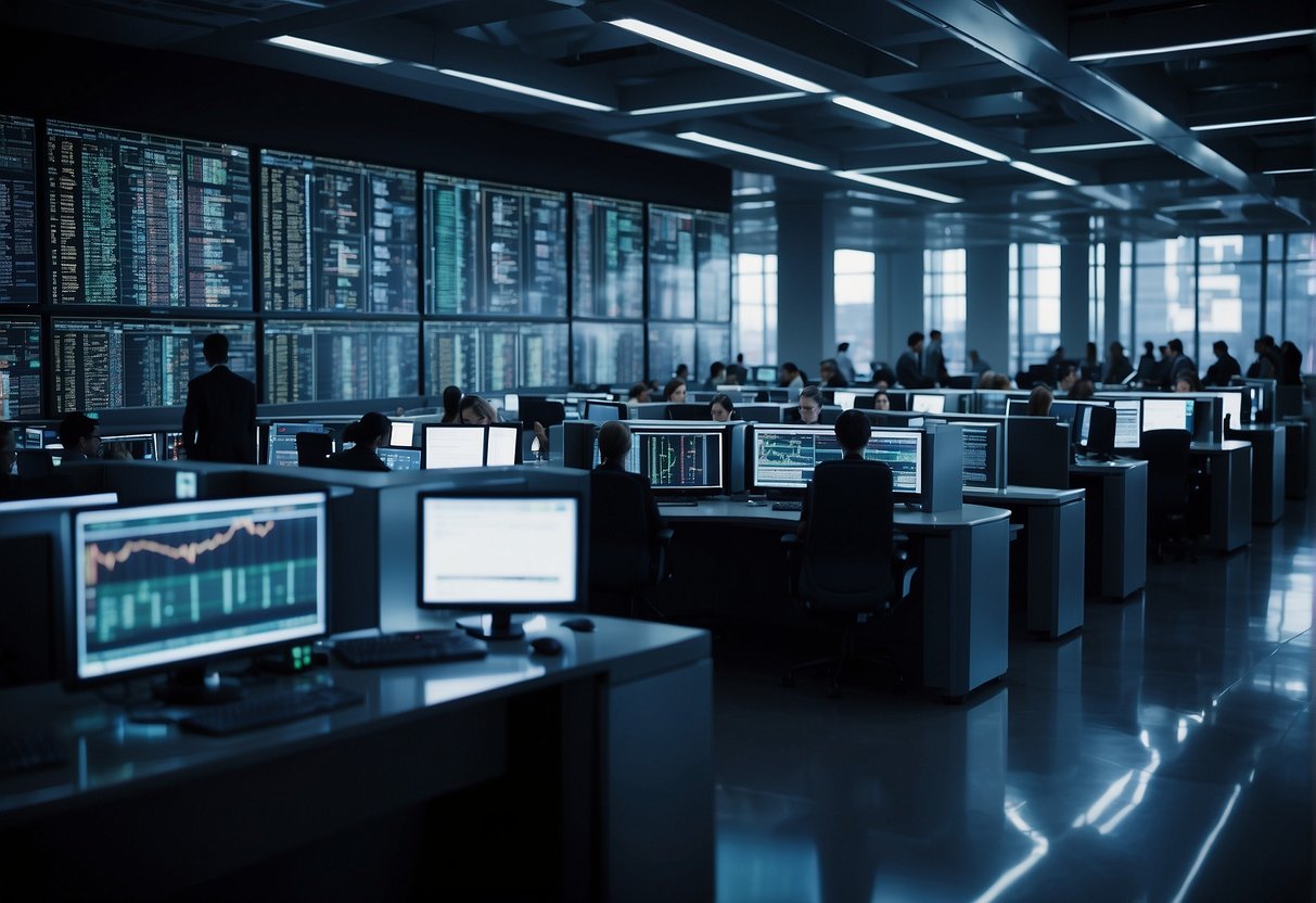 A futuristic trading floor with quantum computers processing trades in a sleek, high-tech environment. Data streams and algorithms merge seamlessly, illustrating the impact of quantum computing on post-trade ecosystems