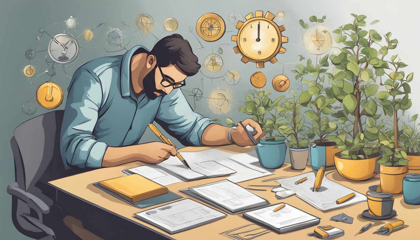 A person using a tool to solve a problem, surrounded by symbols of growth and progress