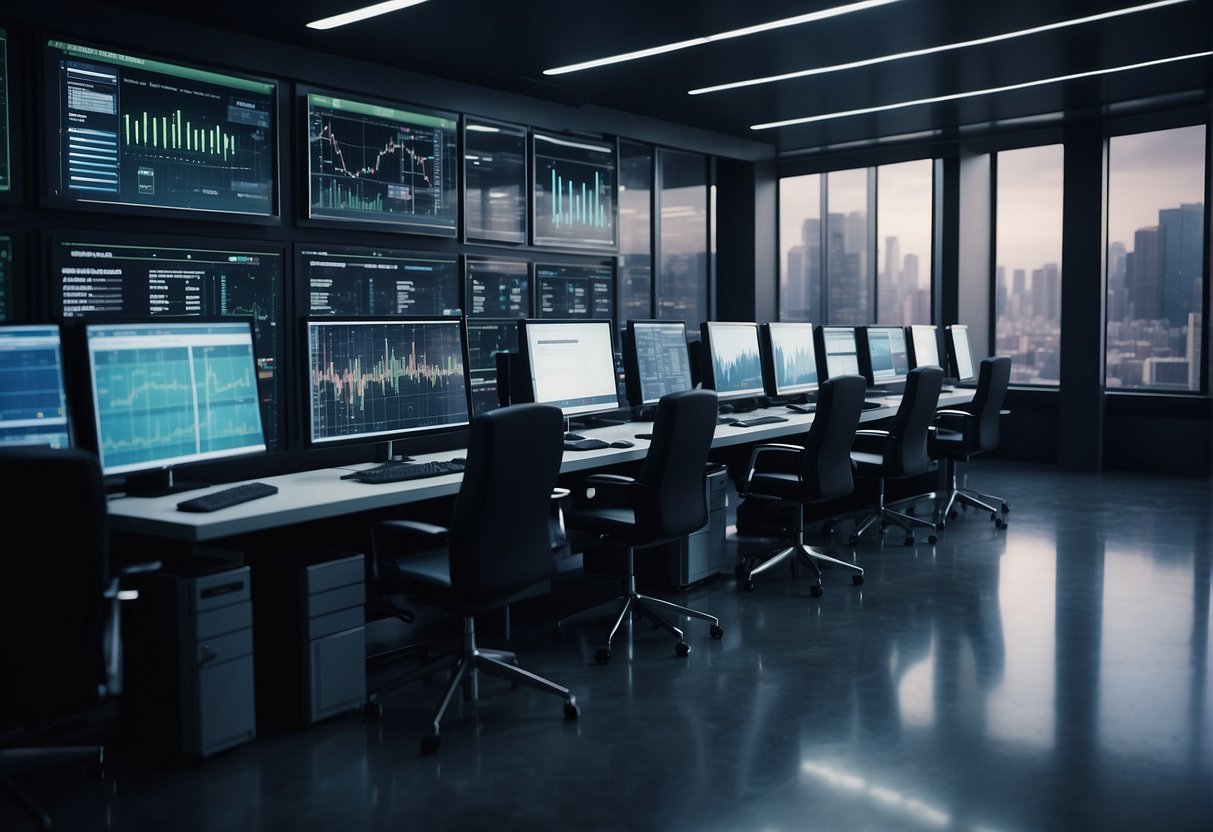 A futuristic, high-tech trading floor with quantum computers and advanced technology being integrated into post-trade processes
