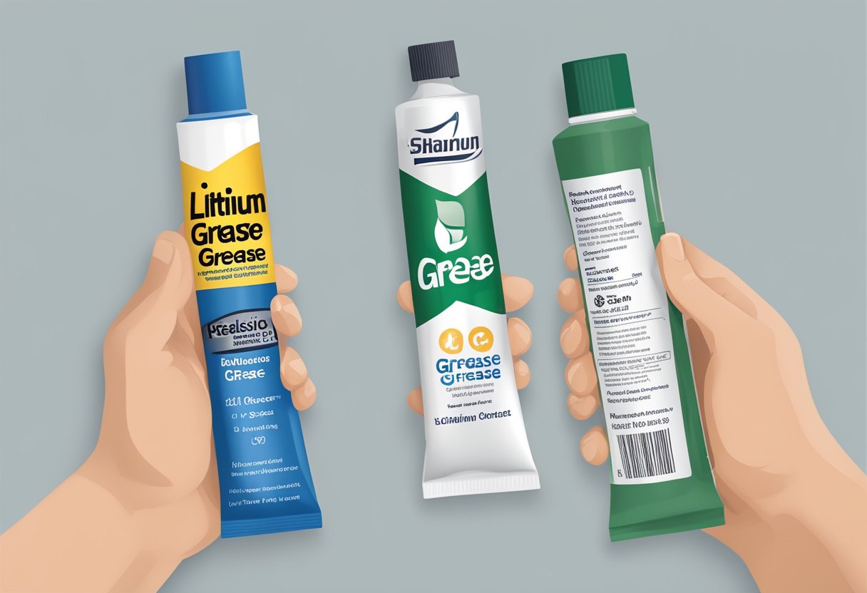 A hand holding a tube of lithium grease and a tube of silicone grease, with labeled advantages and limitations listed next to each product