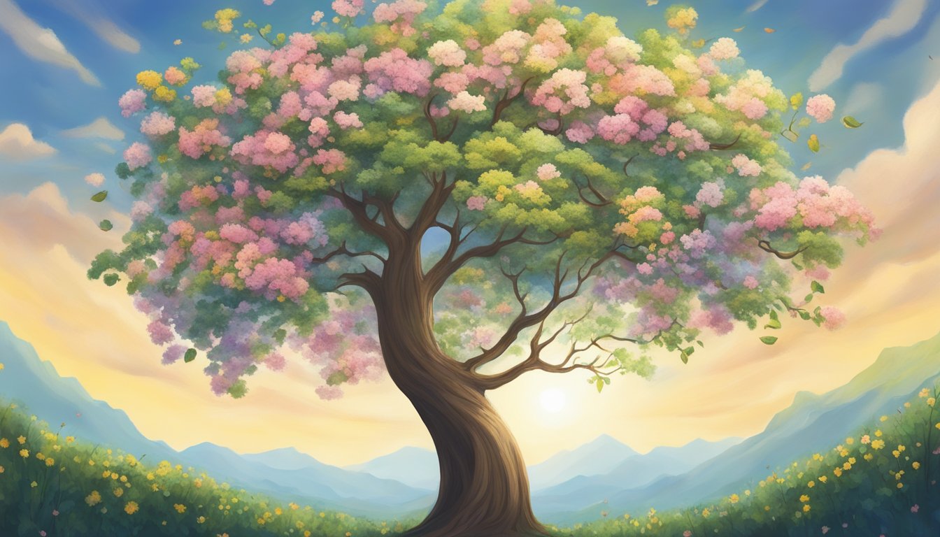 A tree growing from a small seed, surrounded by blooming flowers and reaching towards the sky, symbolizing personal growth and significance