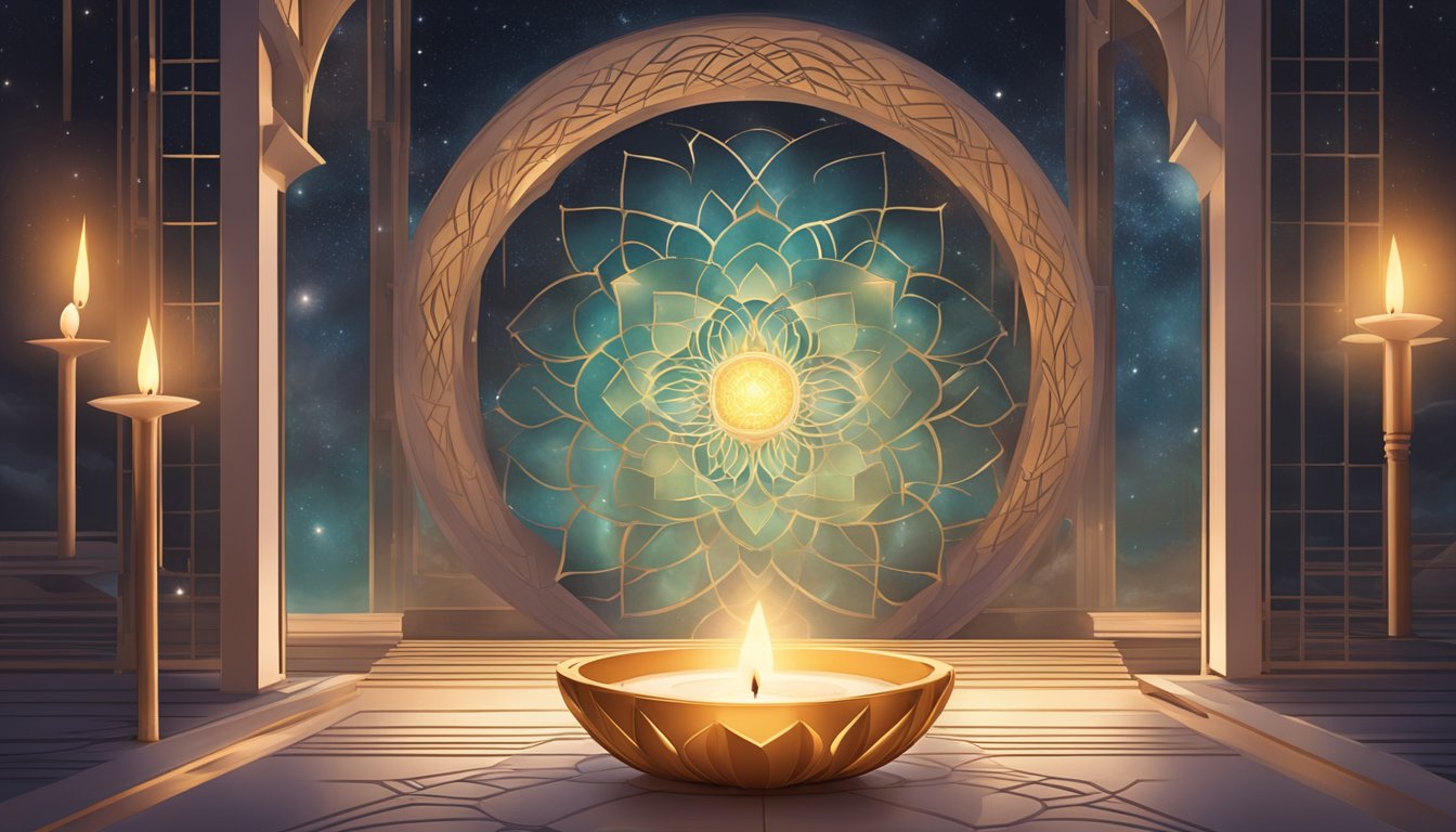 A serene, candlelit meditation space with symbolic elements like a lotus flower and sacred geometry, evoking spirituality and deep meaning