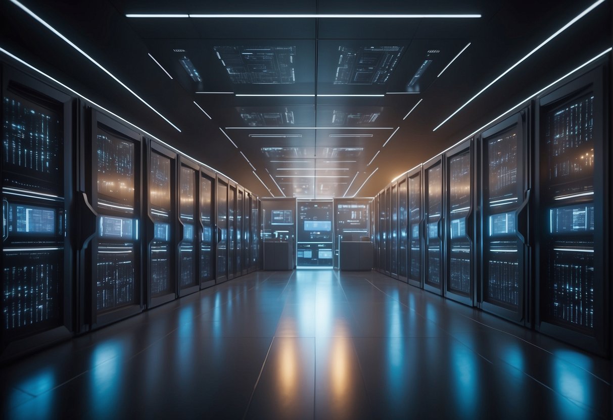 A futuristic data center with holographic displays and advanced security measures
