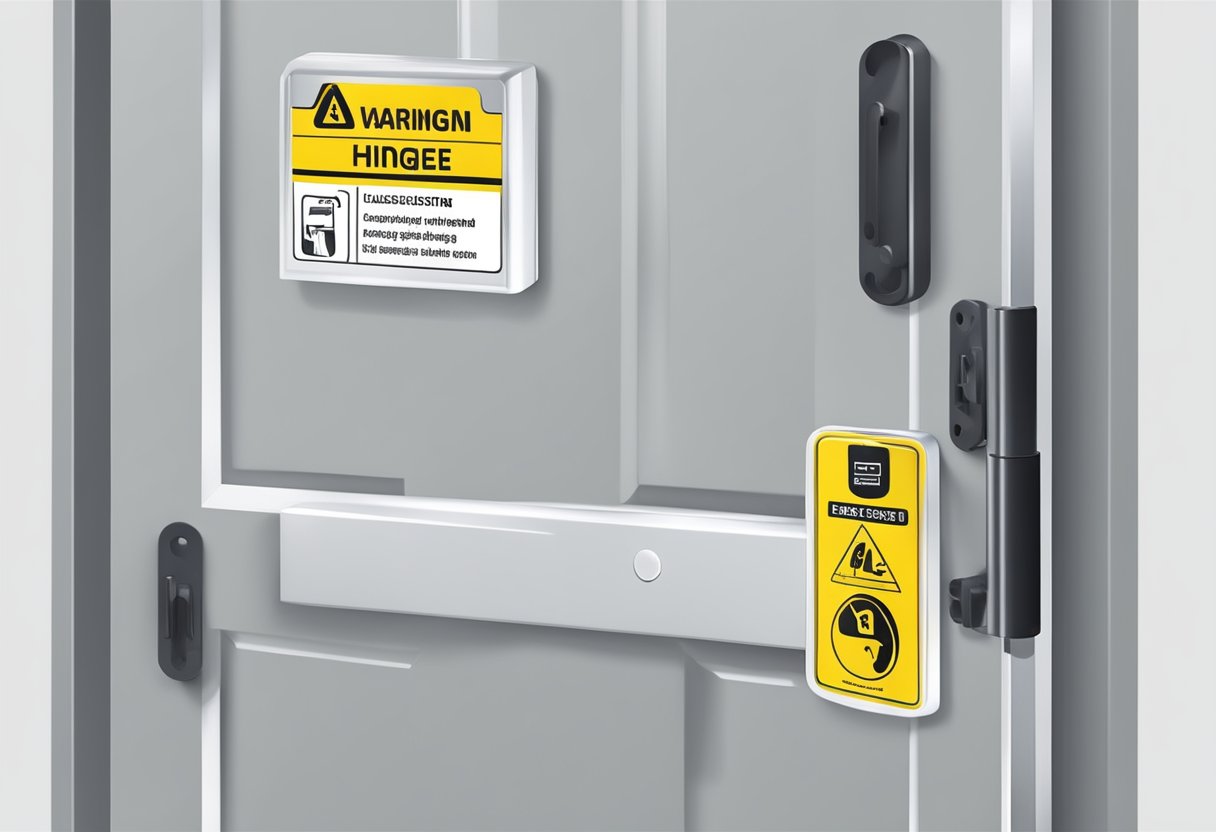 Silicone lubricant being applied to a squeaky door hinge. A warning label with crossed-out symbols for electronics, plastic, and rubber