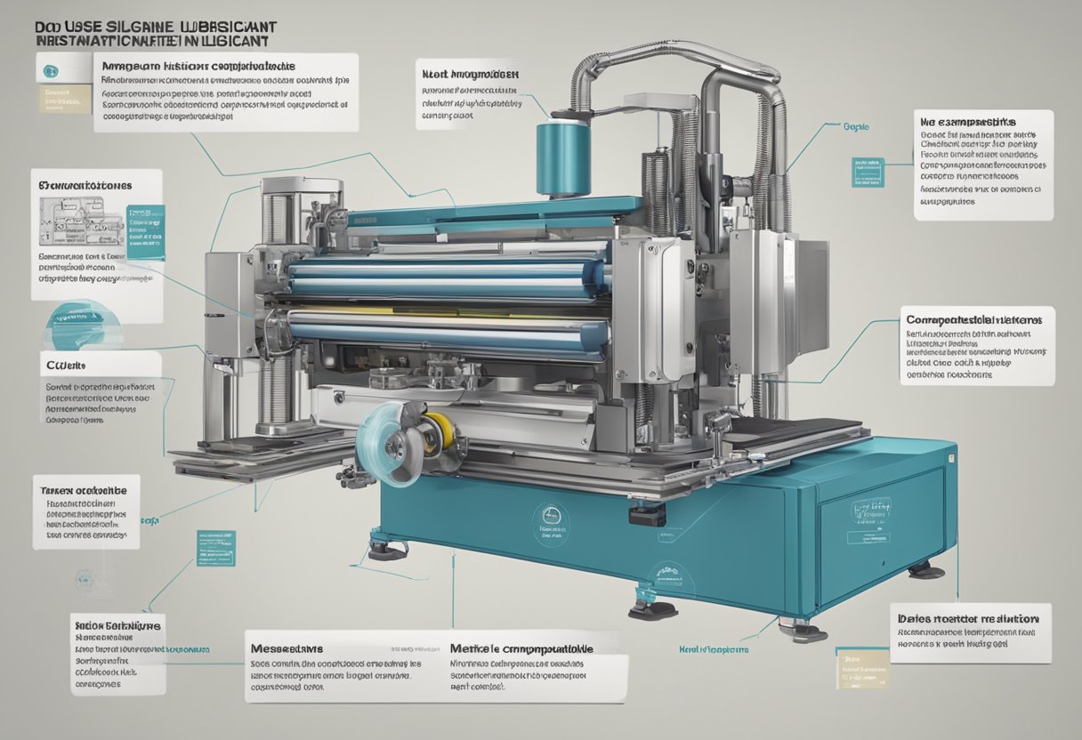 A machine with moving parts, labeled "Do not use silicone lubricant," next to a list of incompatible materials