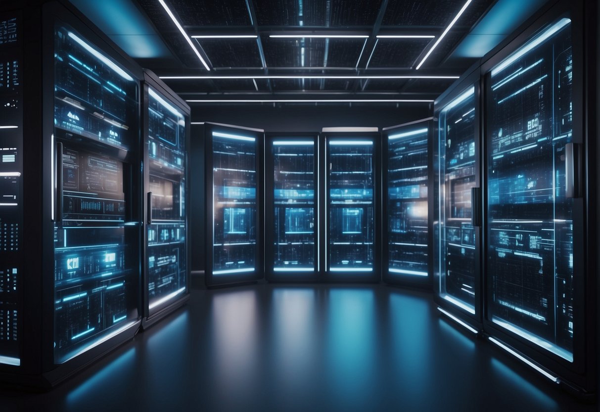 A futuristic data center with holographic displays showcasing regulatory compliance and governance solutions for trade repositories