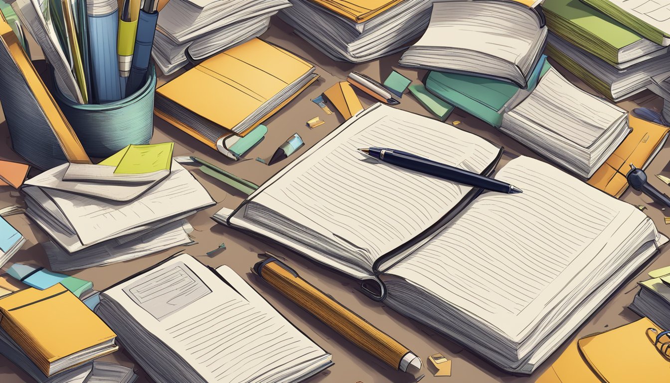 A cluttered desk with open books, a pen, and scattered papers