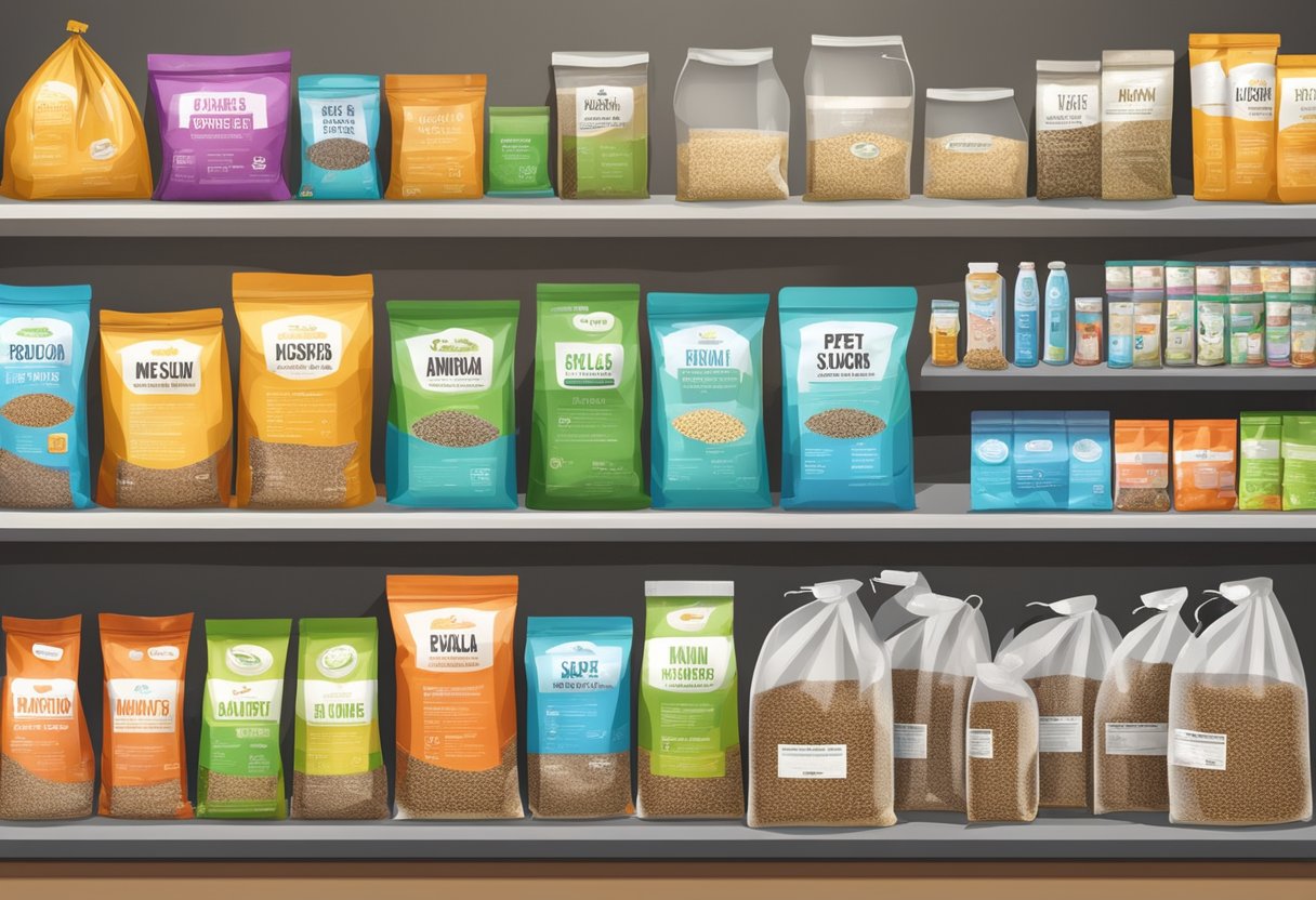 A colorful array of animal feed bags and containers, labeled with legal and regulatory information, displayed on shelves in a pet store