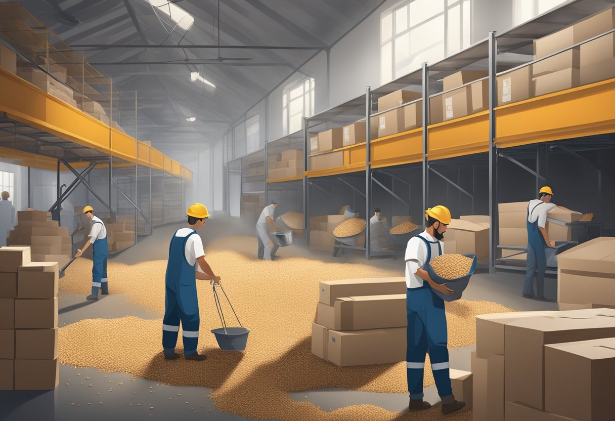 A busy warehouse with workers packaging bags of animal feed, while suppliers deliver raw ingredients