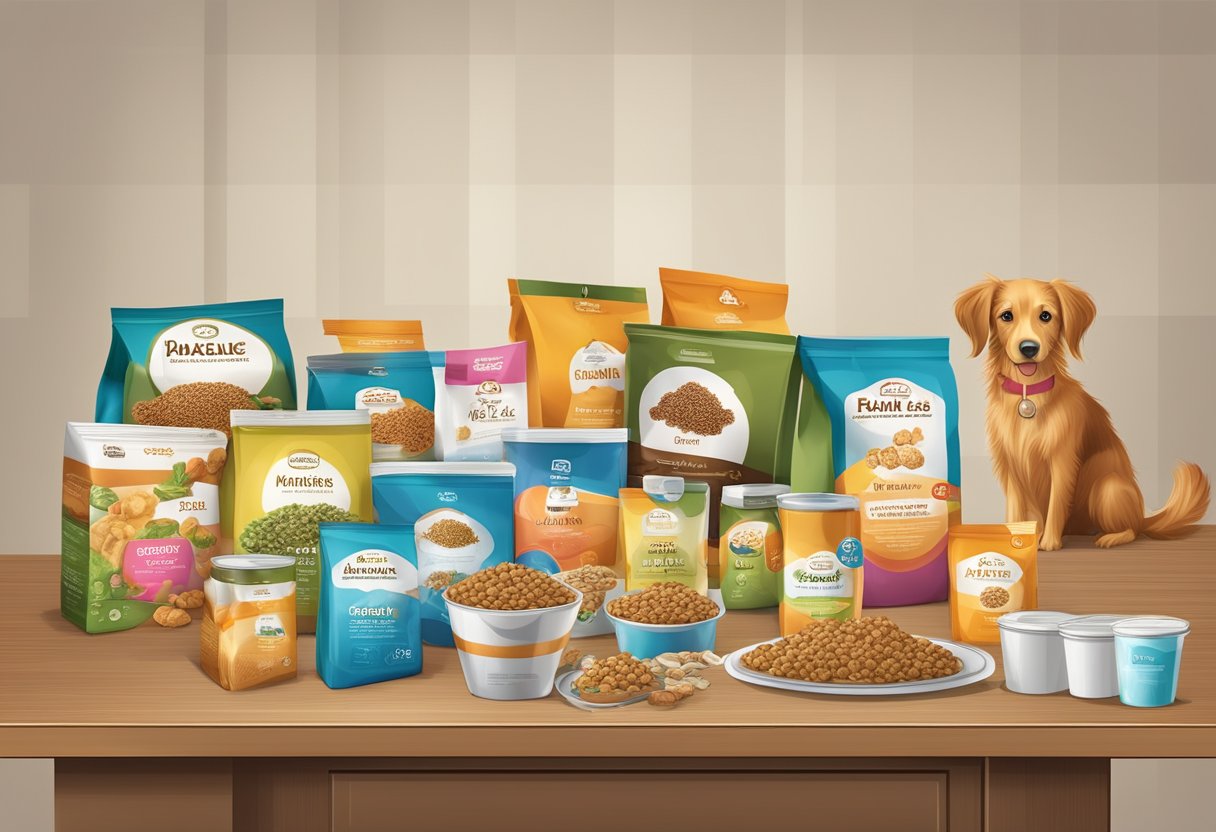 A table with various marketing and sales strategies for starting a pet food business. Displayed products and promotional materials