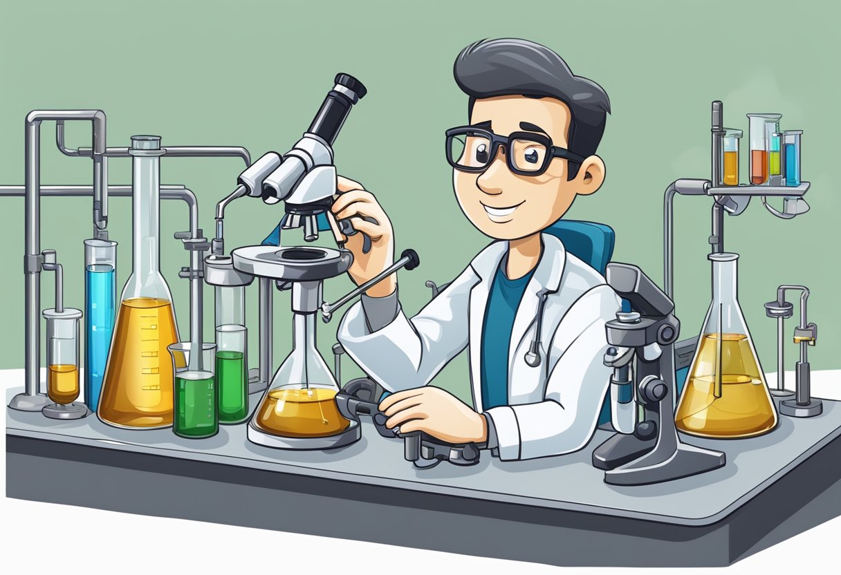 A lab bench holds beakers, tubes, and a microscope. A scientist pours clear liquid into a flask labeled "Synthetic Oil."