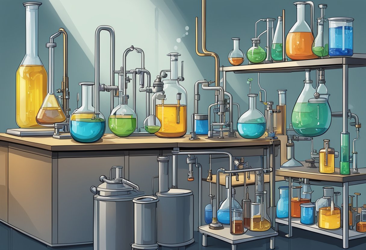 A laboratory setting with various chemical compounds and equipment, including beakers, test tubes, and a distillation apparatus, all being used to create synthetic oil